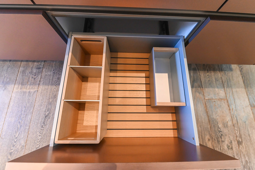SieMatic S2 Modern Rose Gold Handleless Island with Lotus White Hideaway Pantry | photo 96