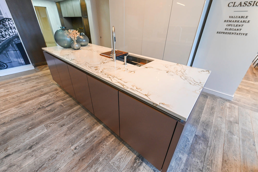 SieMatic S2 Modern Rose Gold Handleless Island with Lotus White Hideaway Pantry | photo 59