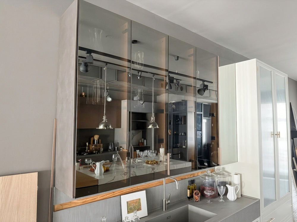 Binova Modern Wet Bar with Sink, Faucet & Mirrored Glass Cabinets
