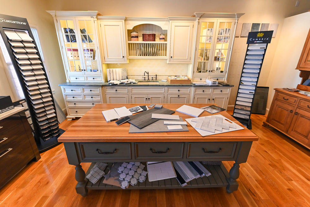 Quality Custom Traditional Cream Partial Kitchen with Green Wood Top Island, Sink and Faucet