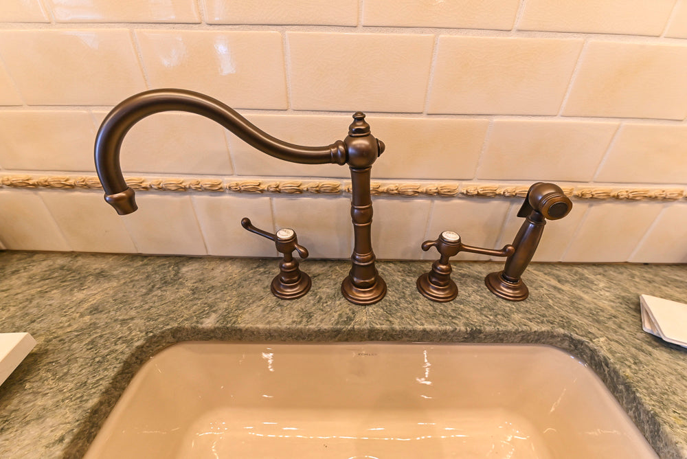 Quality Custom Traditional Cream Partial Kitchen with Green Wood Top Island, Sink and Faucet