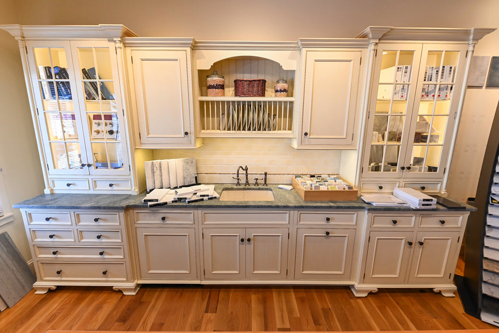 Quality Custom Traditional Cream Partial Kitchen with Green Wood Top Island, Sink and Faucet