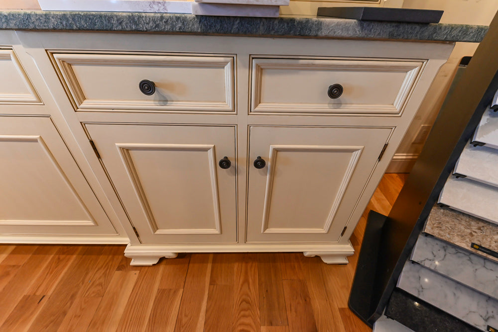 Quality Custom Traditional Cream Partial Kitchen with Green Wood Top Island, Sink and Faucet