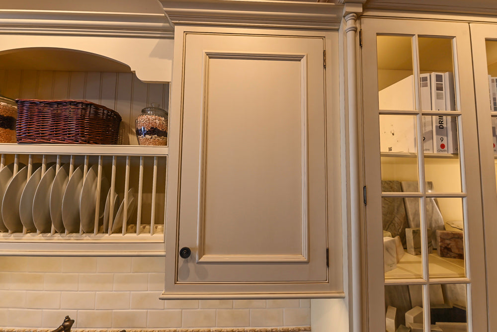 Quality Custom Traditional Cream Partial Kitchen with Green Wood Top Island, Sink and Faucet