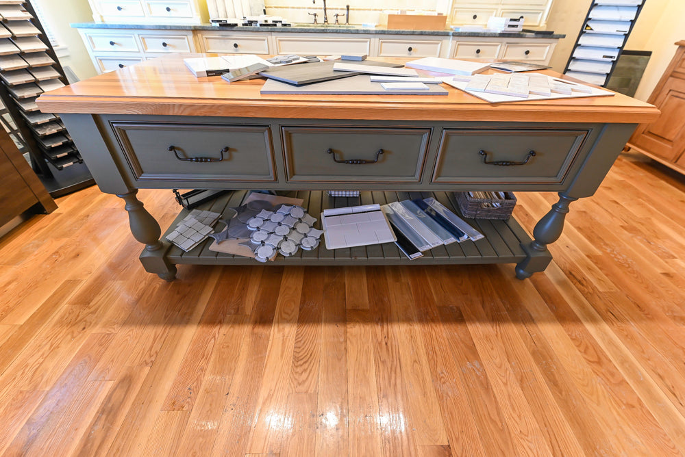 Quality Custom Traditional Cream Partial Kitchen with Green Wood Top Island, Sink and Faucet