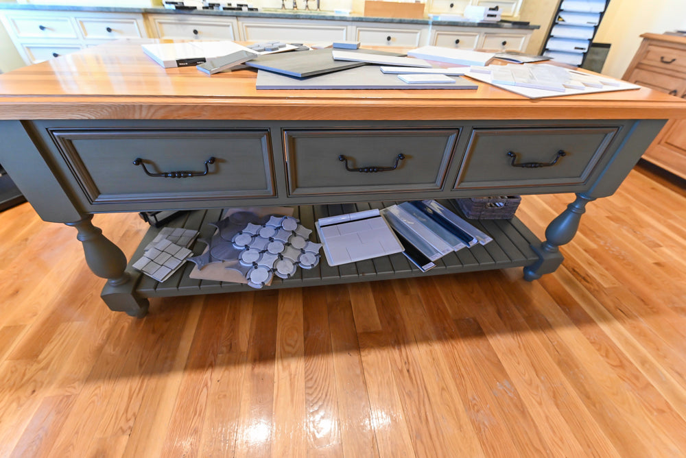 Quality Custom Traditional Cream Partial Kitchen with Green Wood Top Island, Sink and Faucet