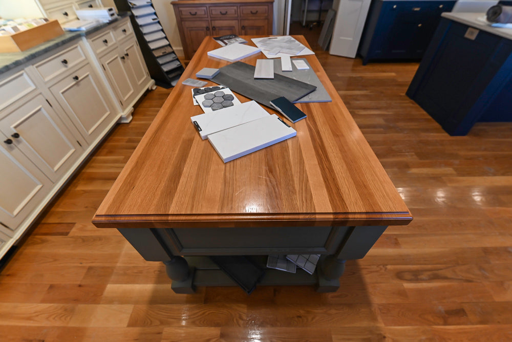 Quality Custom Traditional Cream Partial Kitchen with Green Wood Top Island, Sink and Faucet