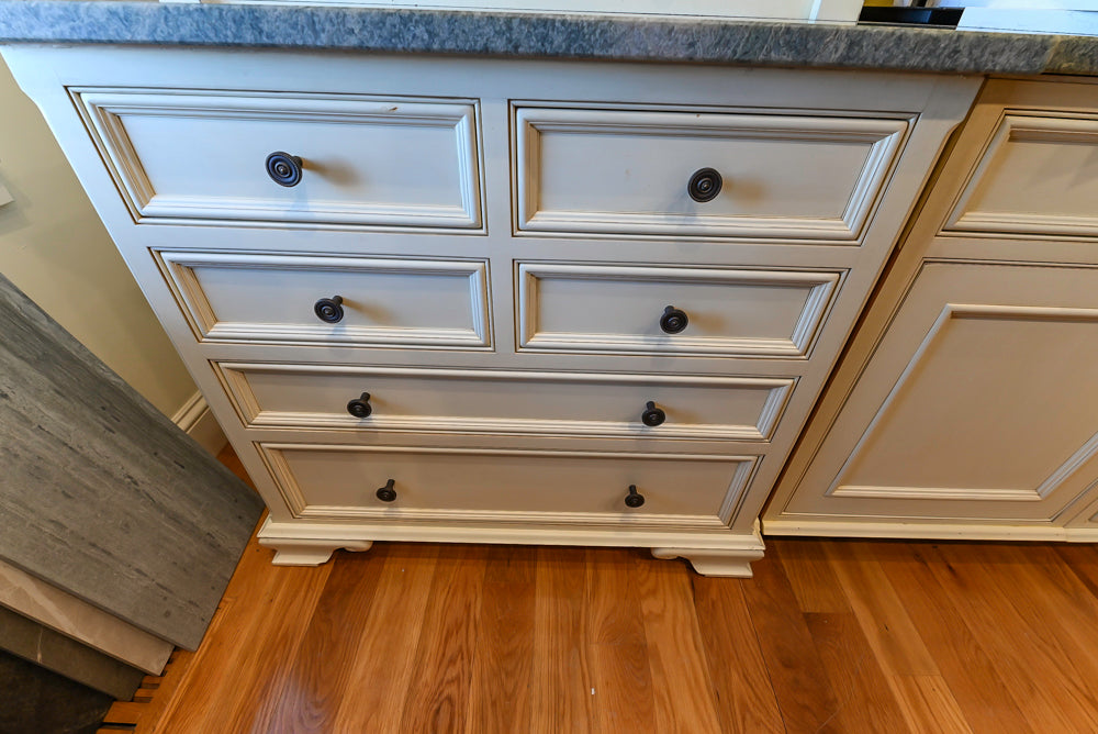 Quality Custom Traditional Cream Partial Kitchen with Green Wood Top Island, Sink and Faucet