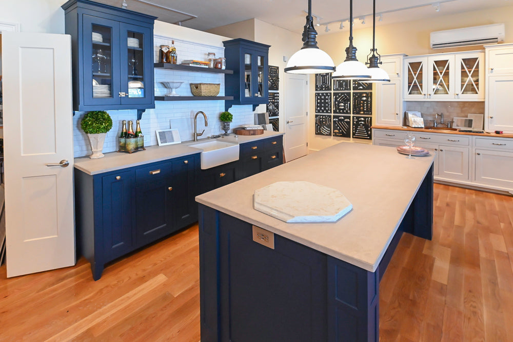 Quality Custom Navy Blue Partial Kitchen with Matching Island and White Farmhouse Sink