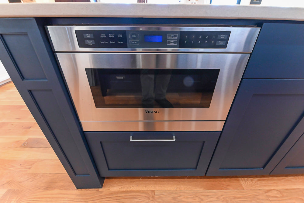 Quality Custom Navy Blue Partial Kitchen with Matching Island and White Farmhouse Sink