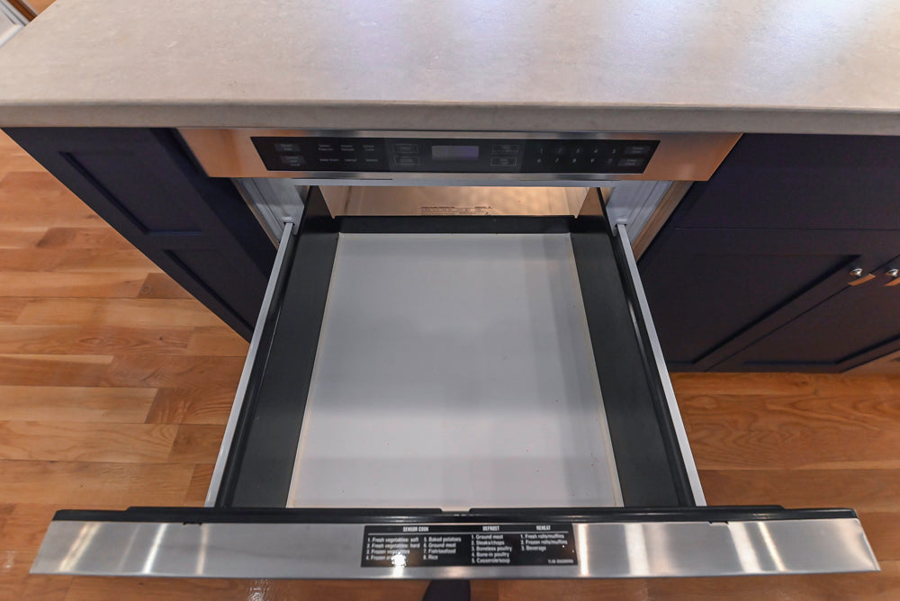 Quality Custom Navy Blue Partial Kitchen with Matching Island and White Farmhouse Sink