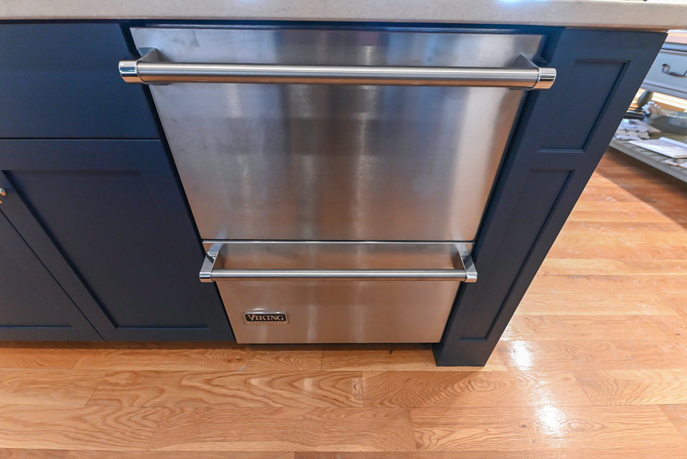 Quality Custom Navy Blue Partial Kitchen with Matching Island and White Farmhouse Sink