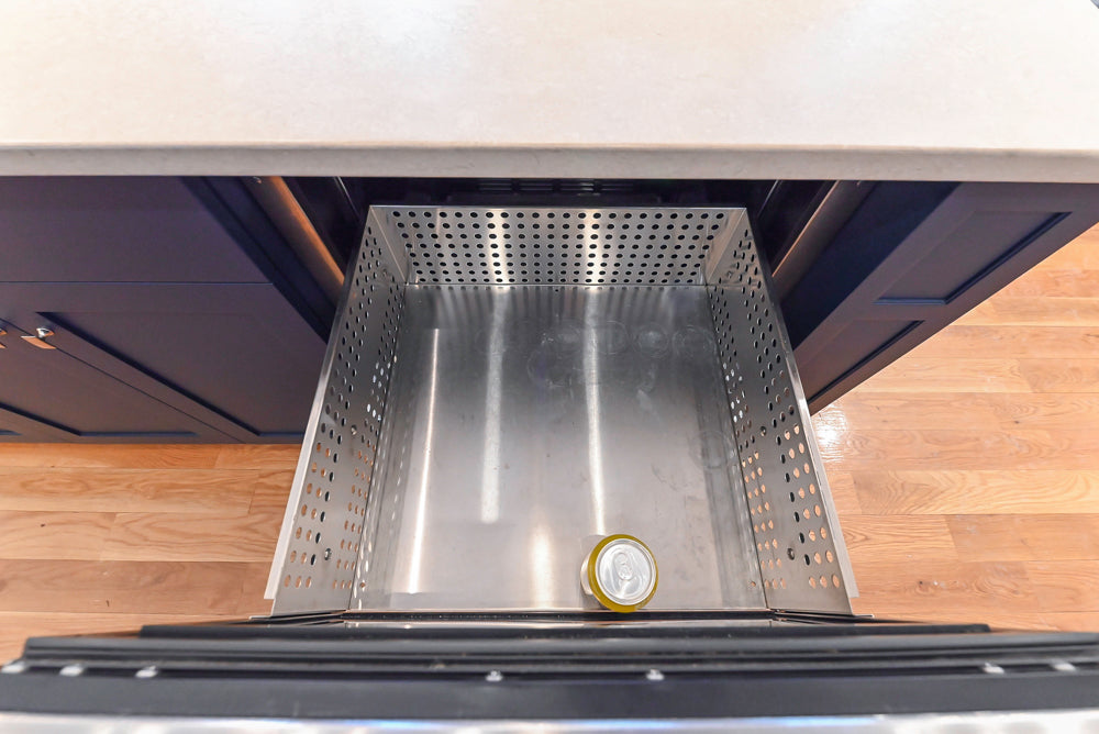 Quality Custom Navy Blue Partial Kitchen with Matching Island and White Farmhouse Sink