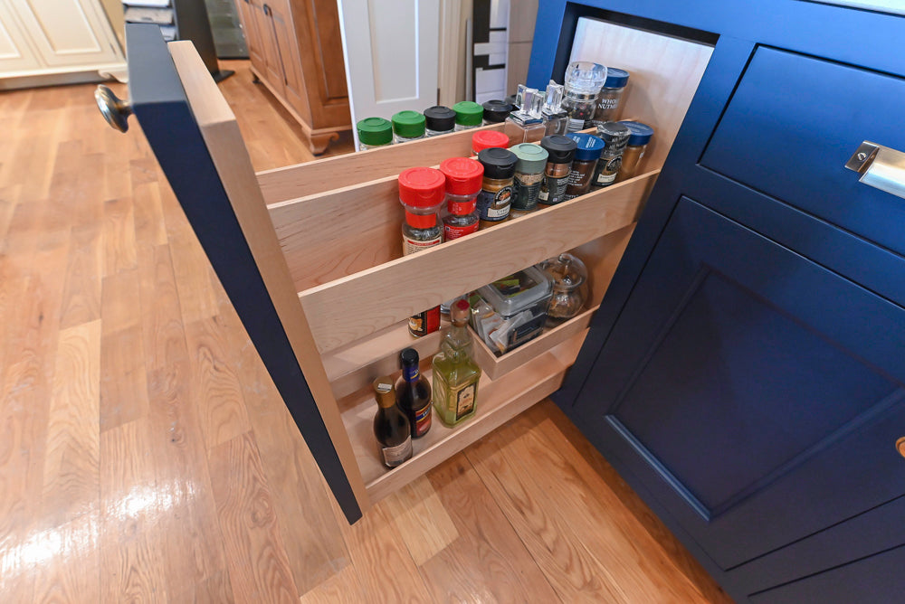 Quality Custom Navy Blue Partial Kitchen with Matching Island and White Farmhouse Sink