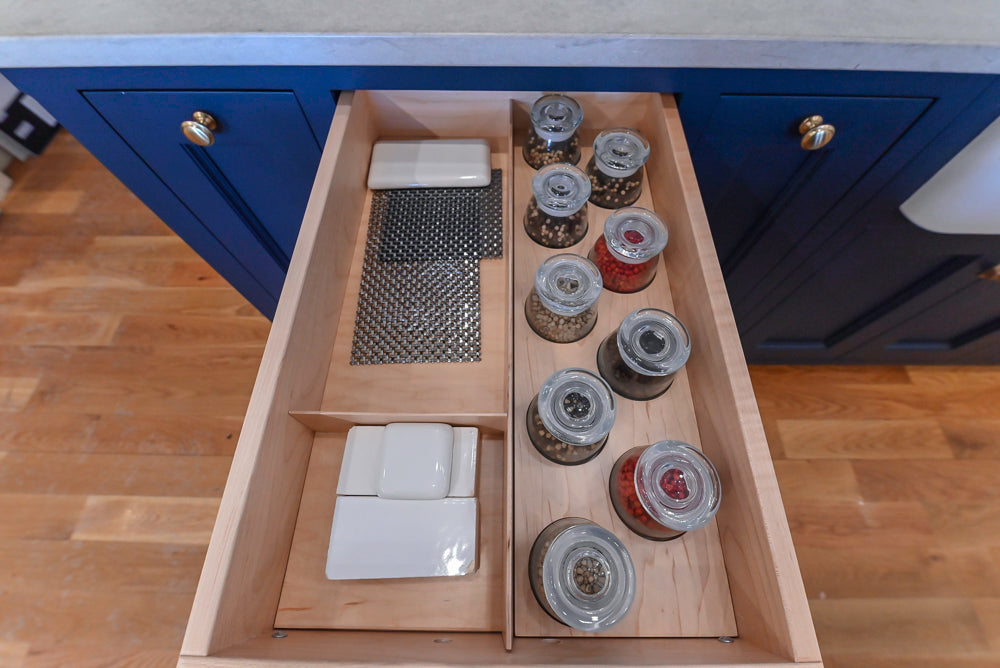 Quality Custom Navy Blue Partial Kitchen with Matching Island and White Farmhouse Sink
