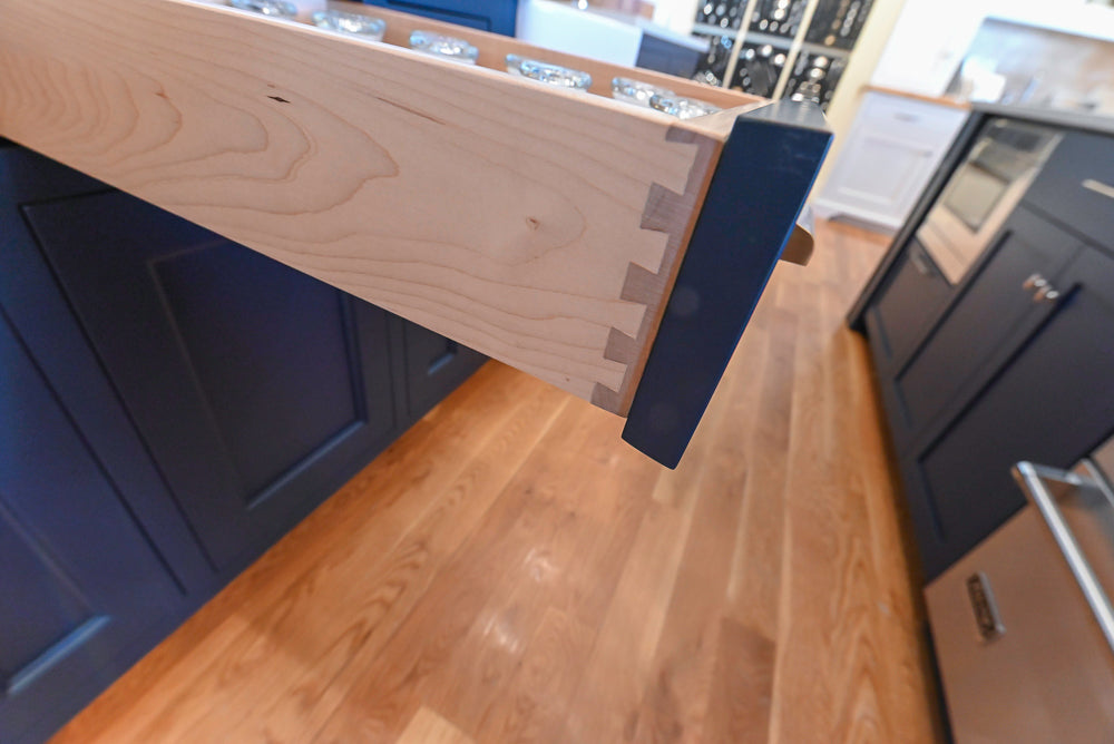 Quality Custom Navy Blue Partial Kitchen with Matching Island and White Farmhouse Sink