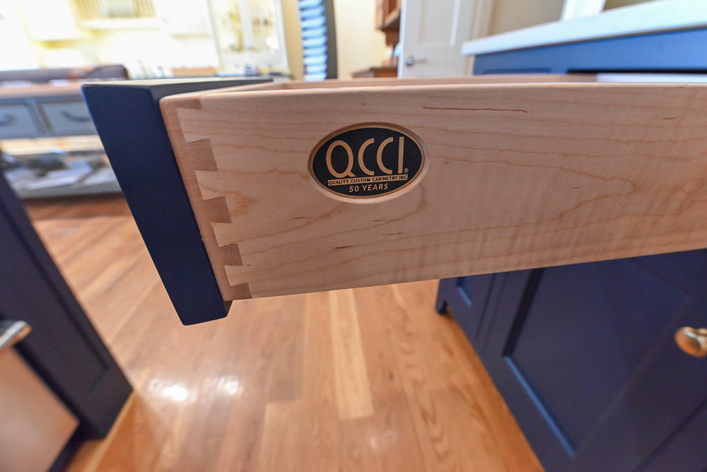 Quality Custom Navy Blue Partial Kitchen with Matching Island and White Farmhouse Sink