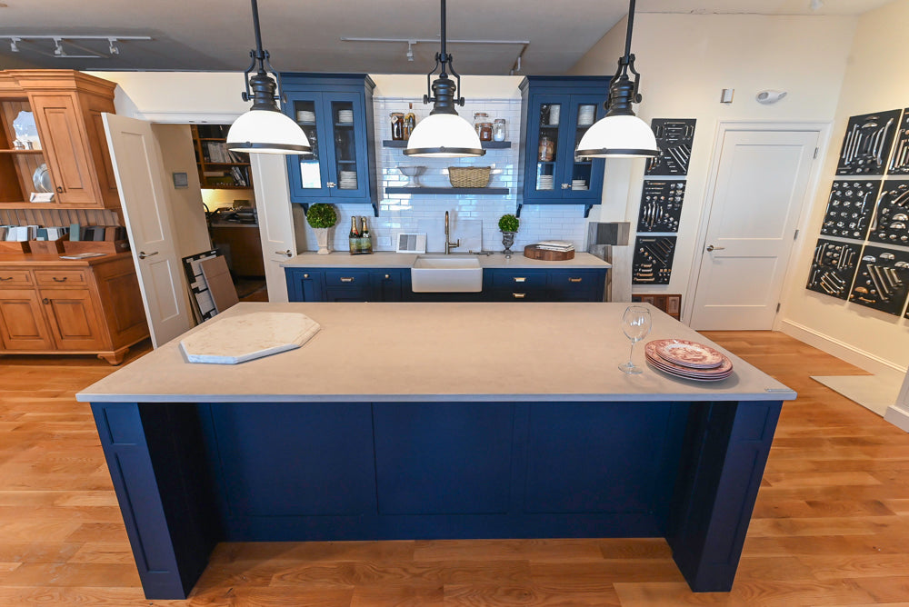 Quality Custom Navy Blue Partial Kitchen with Matching Island and White Farmhouse Sink