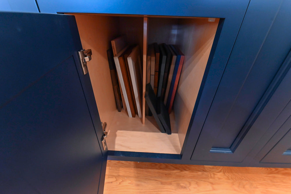 Quality Custom Navy Blue Partial Kitchen with Matching Island and White Farmhouse Sink