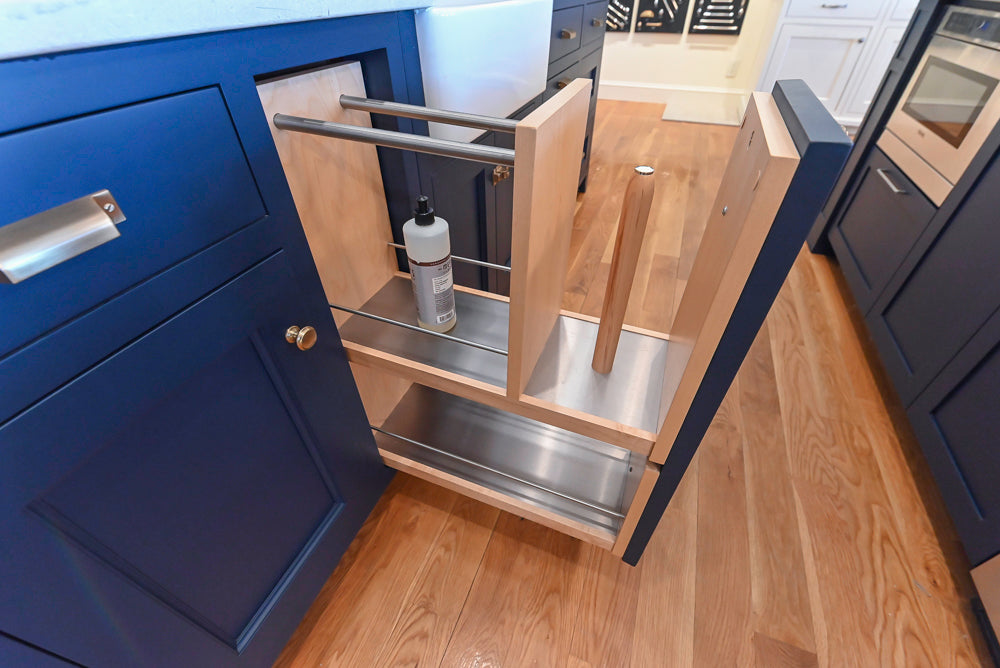 Quality Custom Navy Blue Partial Kitchen with Matching Island and White Farmhouse Sink