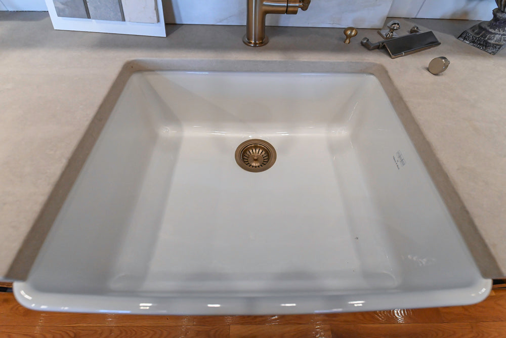 Quality Custom Navy Blue Partial Kitchen with Matching Island and White Farmhouse Sink