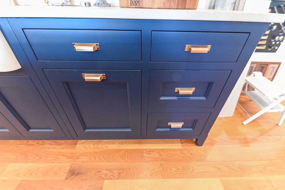 Quality Custom Navy Blue Partial Kitchen with Matching Island and White Farmhouse Sink