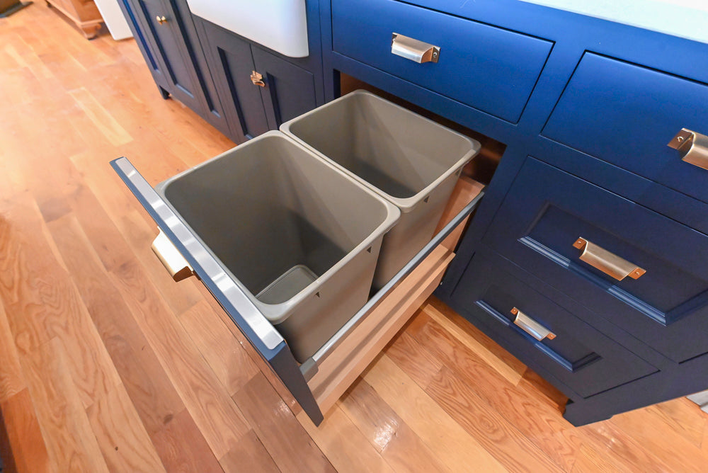 Quality Custom Navy Blue Partial Kitchen with Matching Island and White Farmhouse Sink