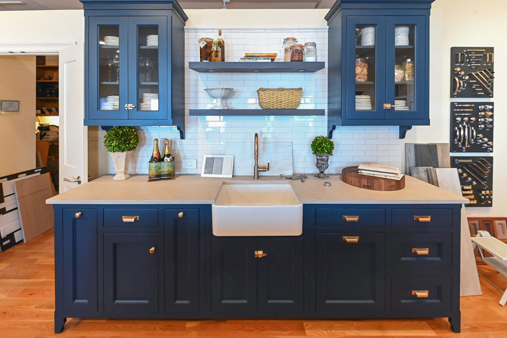 Quality Custom Navy Blue Partial Kitchen with Matching Island and White Farmhouse Sink