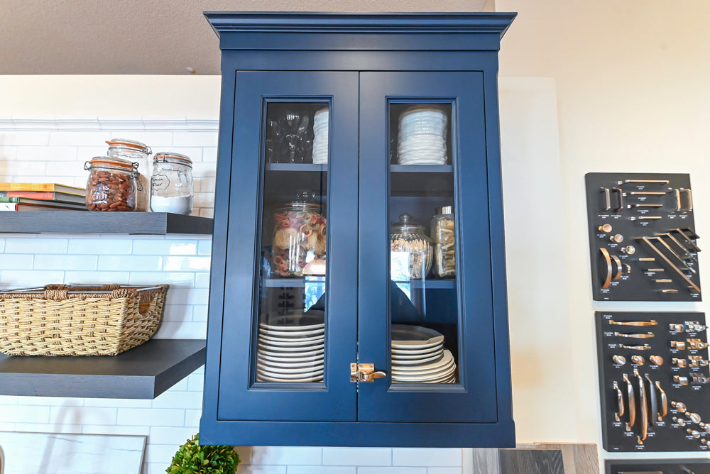 Quality Custom Navy Blue Partial Kitchen with Matching Island and White Farmhouse Sink