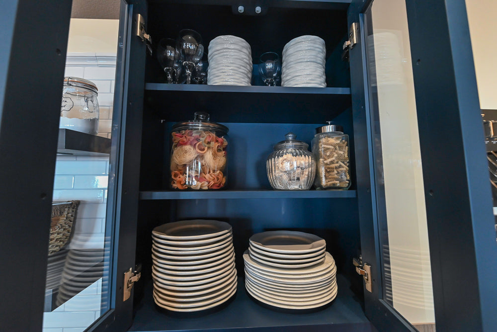 Quality Custom Navy Blue Partial Kitchen with Matching Island and White Farmhouse Sink