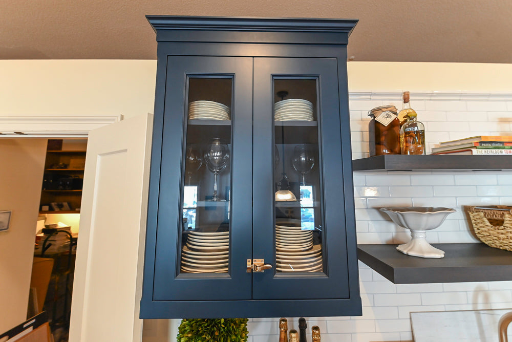 Quality Custom Navy Blue Partial Kitchen with Matching Island and White Farmhouse Sink