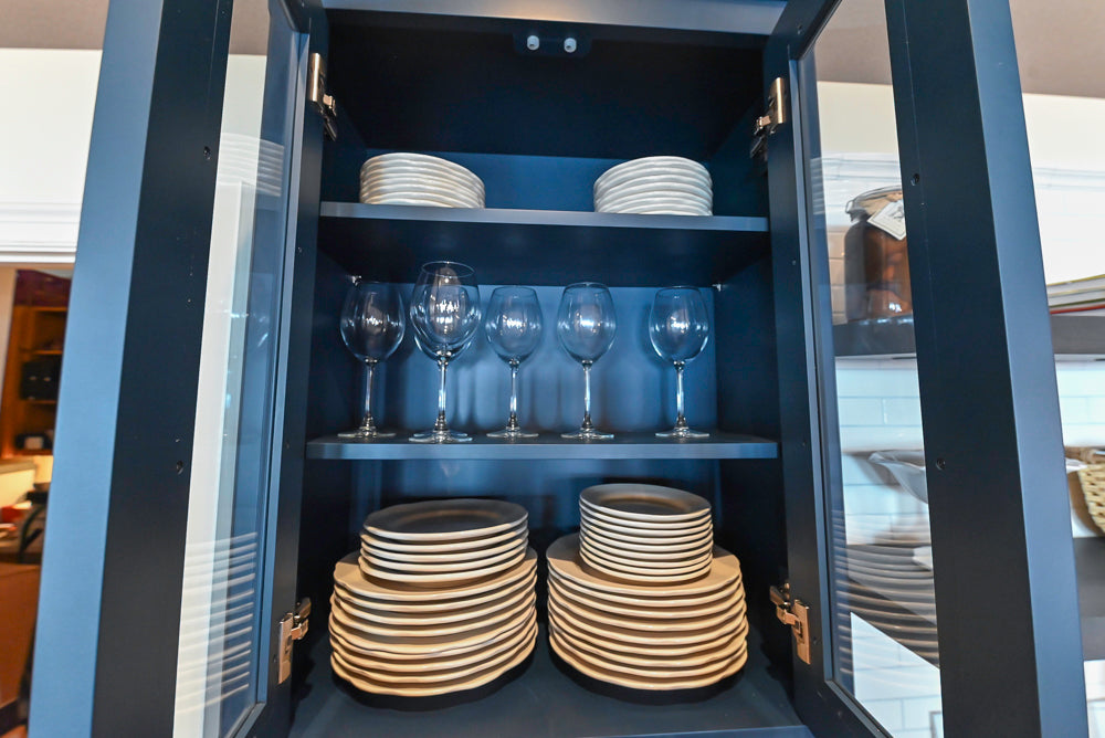 Quality Custom Navy Blue Partial Kitchen with Matching Island and White Farmhouse Sink
