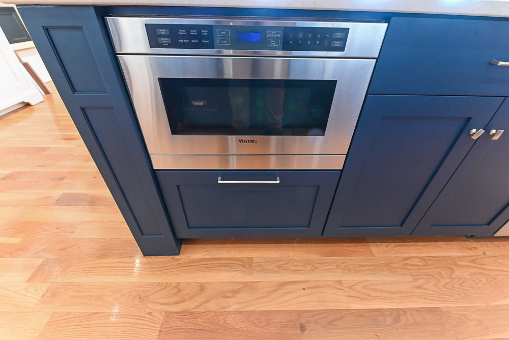 Quality Custom Navy Blue Partial Kitchen with Matching Island and White Farmhouse Sink