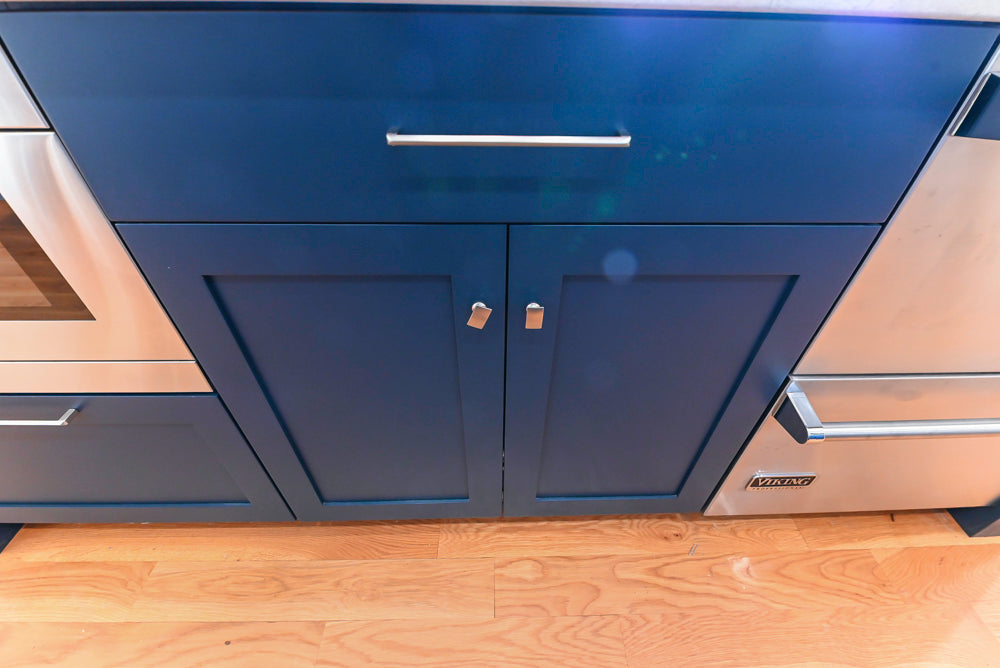 Quality Custom Navy Blue Partial Kitchen with Matching Island and White Farmhouse Sink