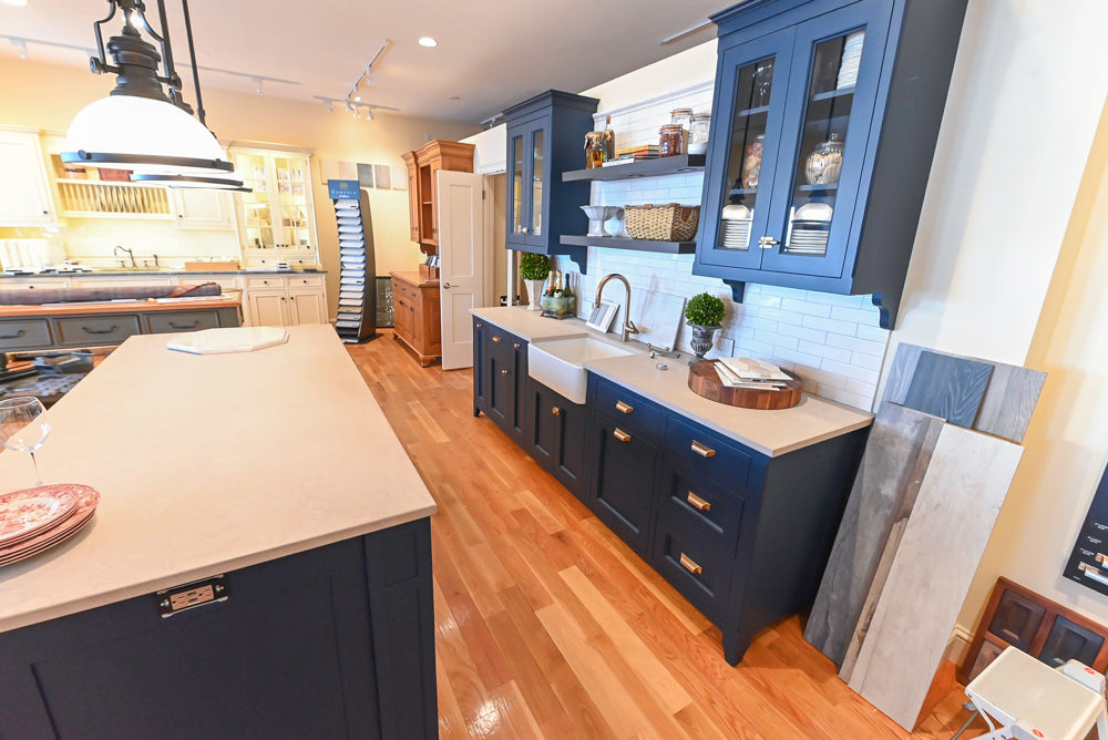 Quality Custom Navy Blue Partial Kitchen with Matching Island and White Farmhouse Sink