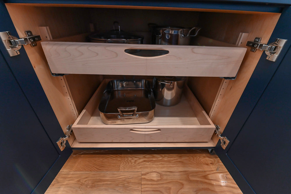 Quality Custom Navy Blue Partial Kitchen with Matching Island and White Farmhouse Sink