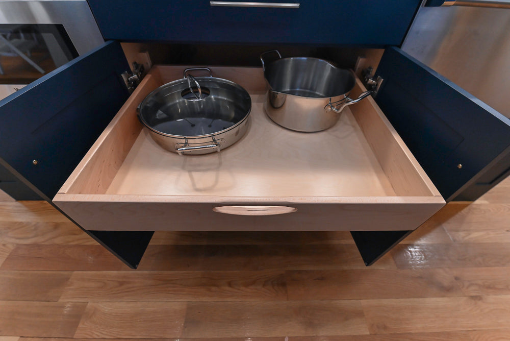 Quality Custom Navy Blue Partial Kitchen with Matching Island and White Farmhouse Sink