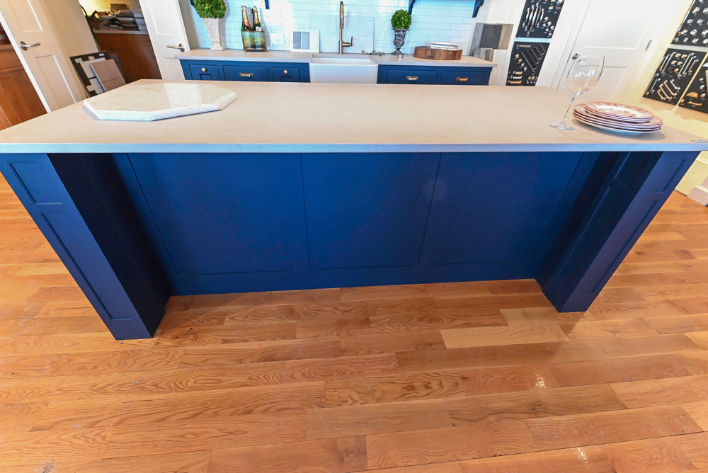 Quality Custom Navy Blue Partial Kitchen with Matching Island and White Farmhouse Sink