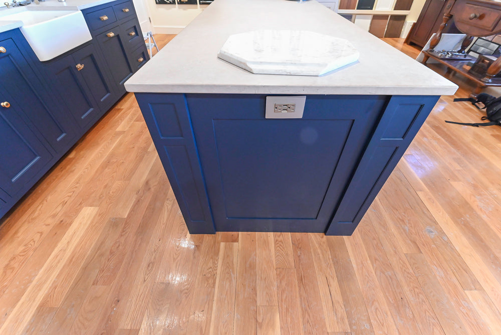 Quality Custom Navy Blue Partial Kitchen with Matching Island and White Farmhouse Sink