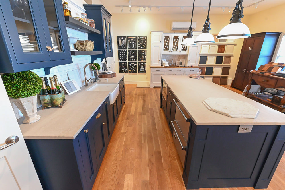 Quality Custom Navy Blue Partial Kitchen with Matching Island and White Farmhouse Sink