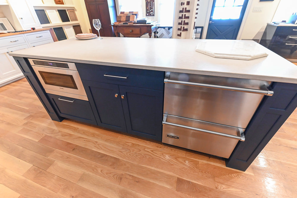 Quality Custom Navy Blue Partial Kitchen with Matching Island and White Farmhouse Sink