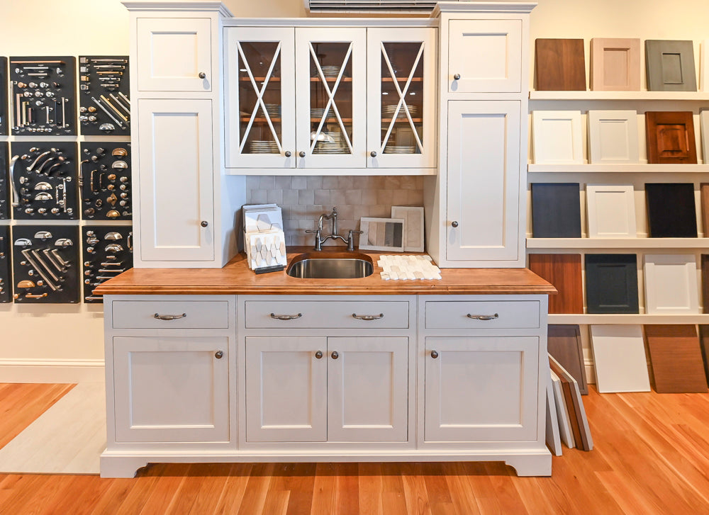 Greenfield Traditional White Pantry Wall with Wood Top, Sink and Faucet