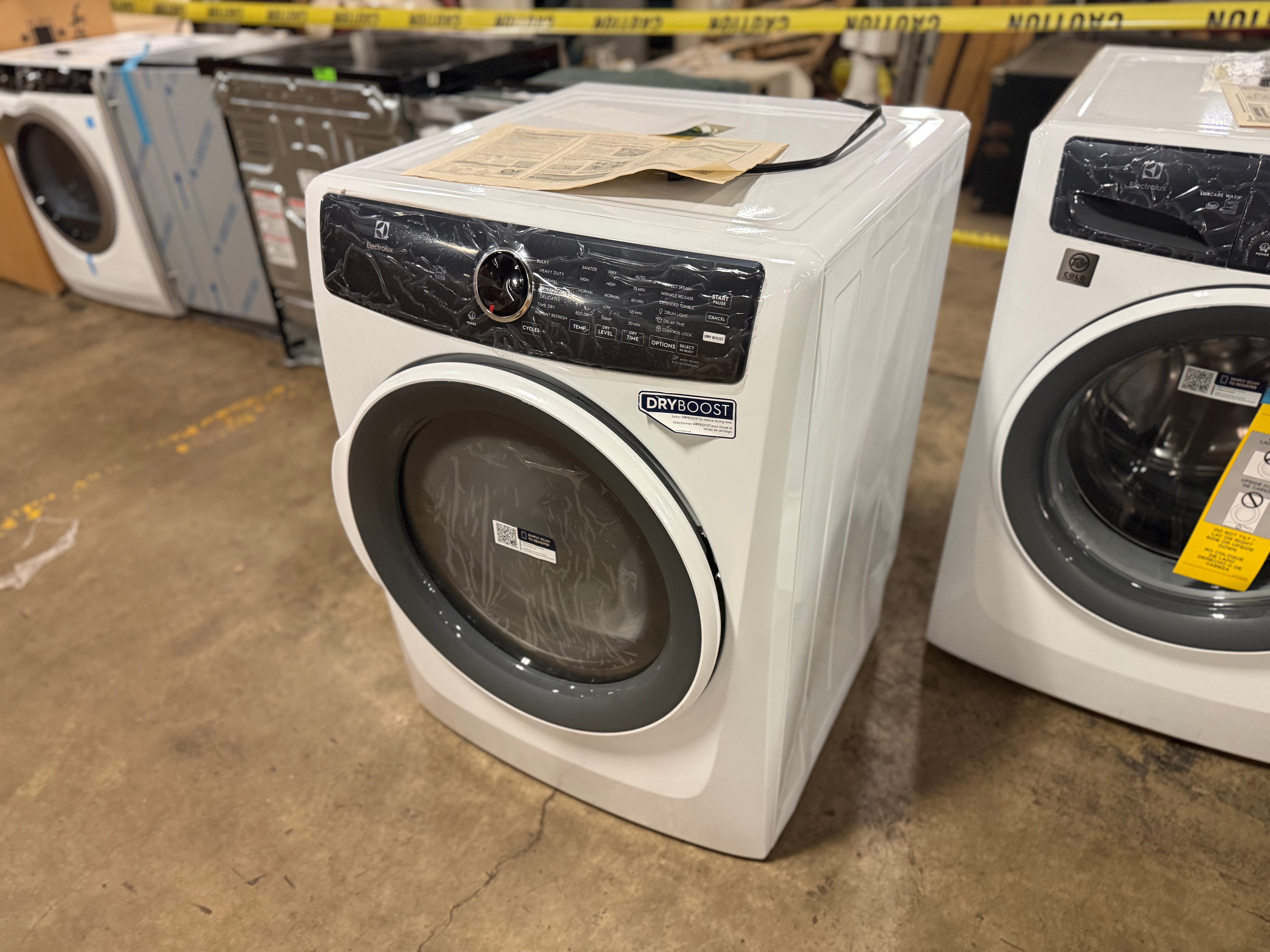 Electrolux 8.0 cu ft white front load gas dryer with glass door and steam cycle
