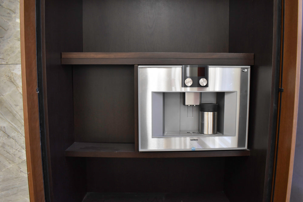 Plato Natural Walnut & Espresso Modern Kitchen with Gaggenau Appliances