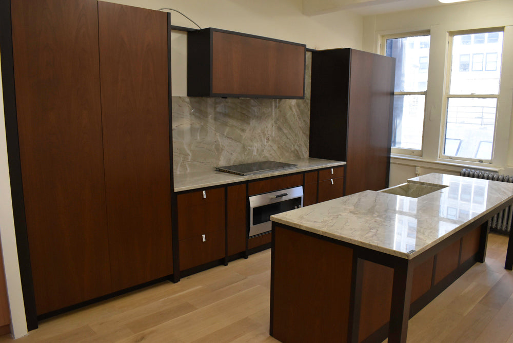 Plato Natural Walnut & Espresso Modern Kitchen with Gaggenau Appliances