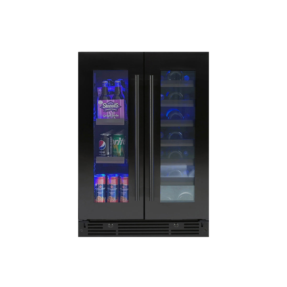 XO XOU24BWDDGBS 24 inch dual zone french door beverage and wine center front view stainless steel glass
