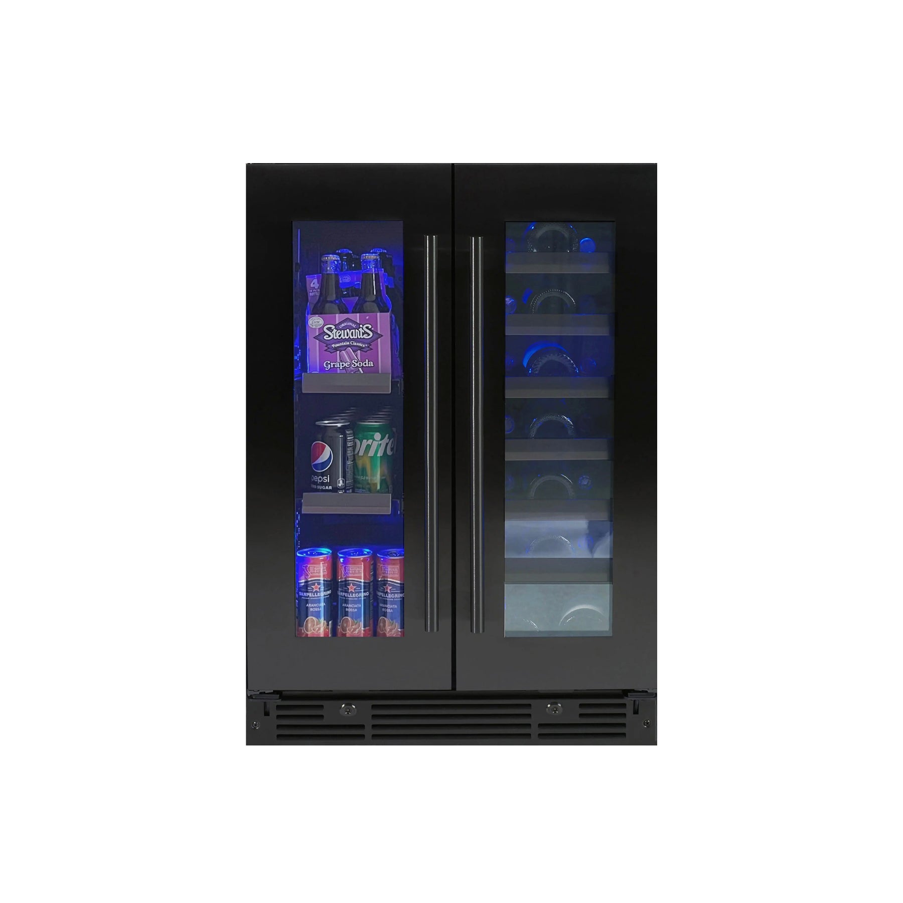 XO XOU24BWDDGBS 24 inch dual zone french door beverage and wine center front view stainless steel glass