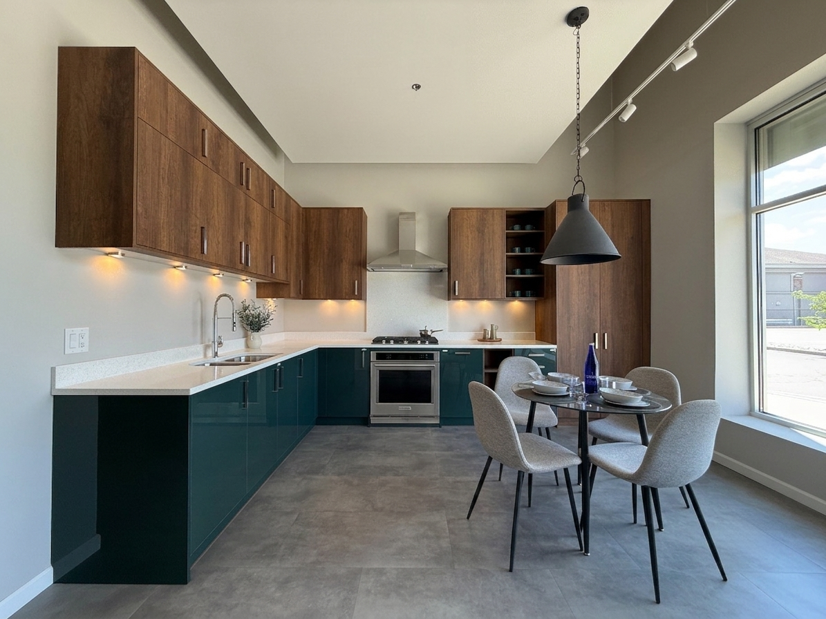 Wren Ultra Eden Green Gloss & Elements Saddle Oak Matte Kitchen