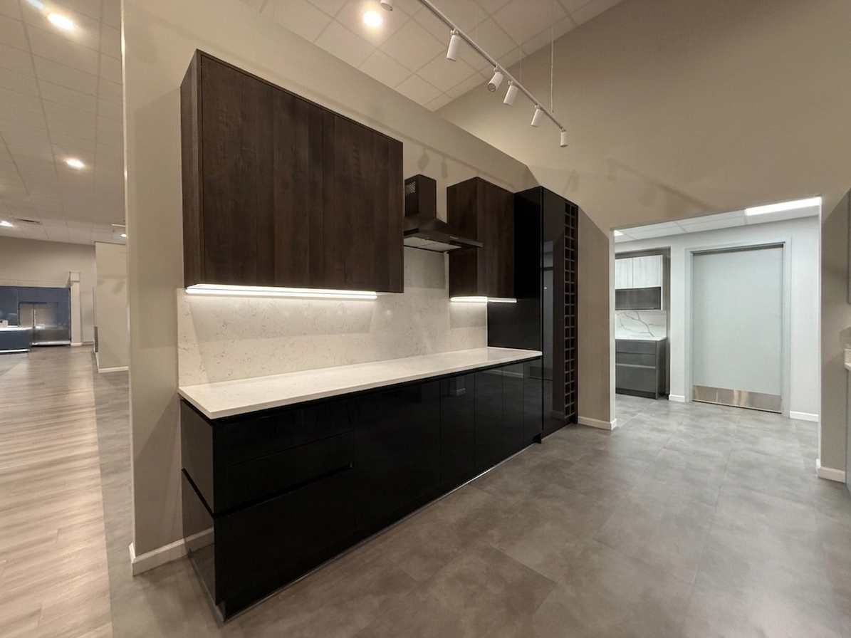 Wren Milano Elements Swiss Oak Matte & Ultra Nero Glass Pantry Wall