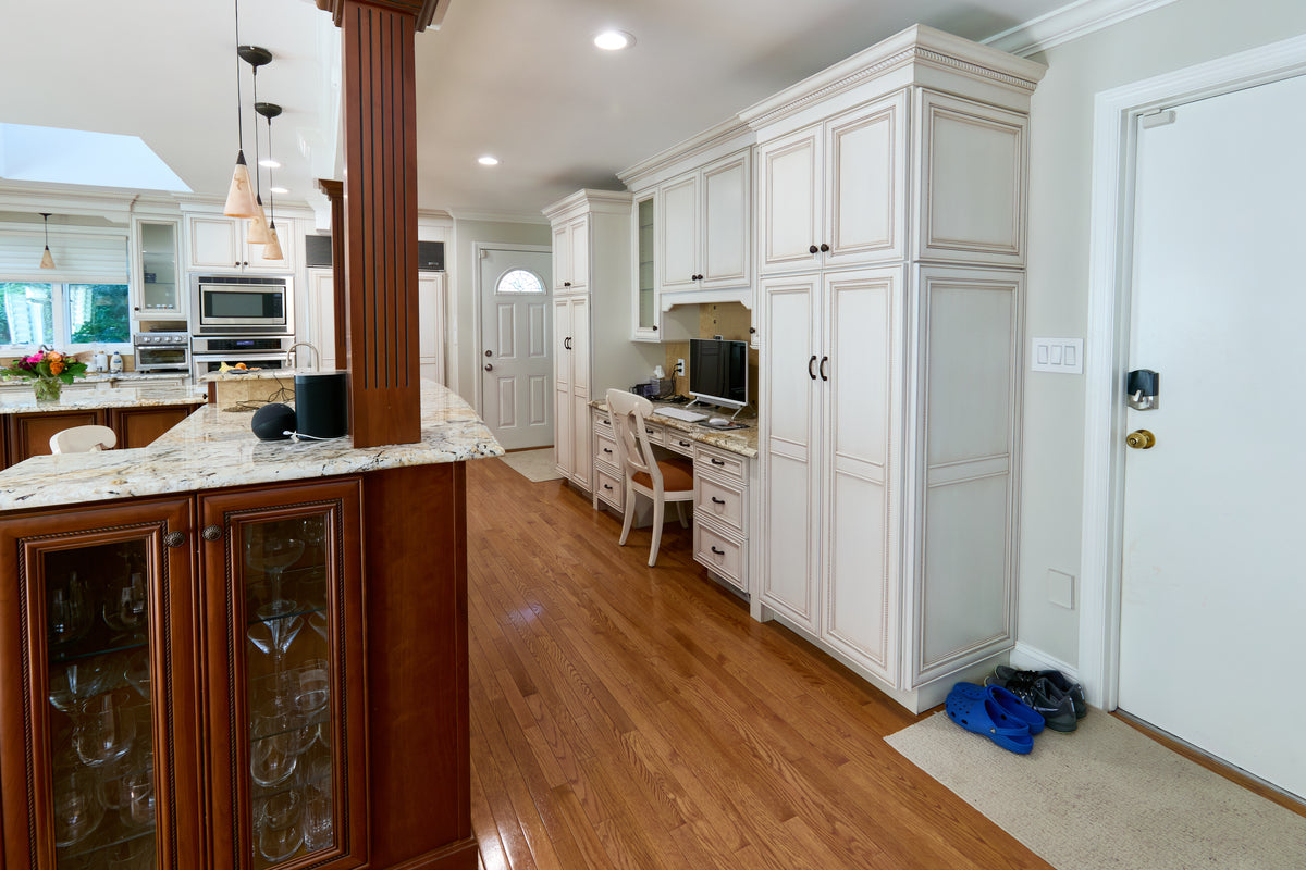 "The Chester" Traditional White Kitchen with Island, Desk Area & Appliances